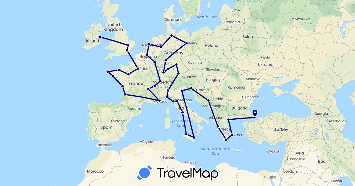 TravelMap itinerary: driving in Bosnia and Herzegovina, Belgium, Switzerland, Germany, France, United Kingdom, Greece, Ireland, Italy, Luxembourg, Netherlands, Slovenia, Turkey (Asia, Europe)